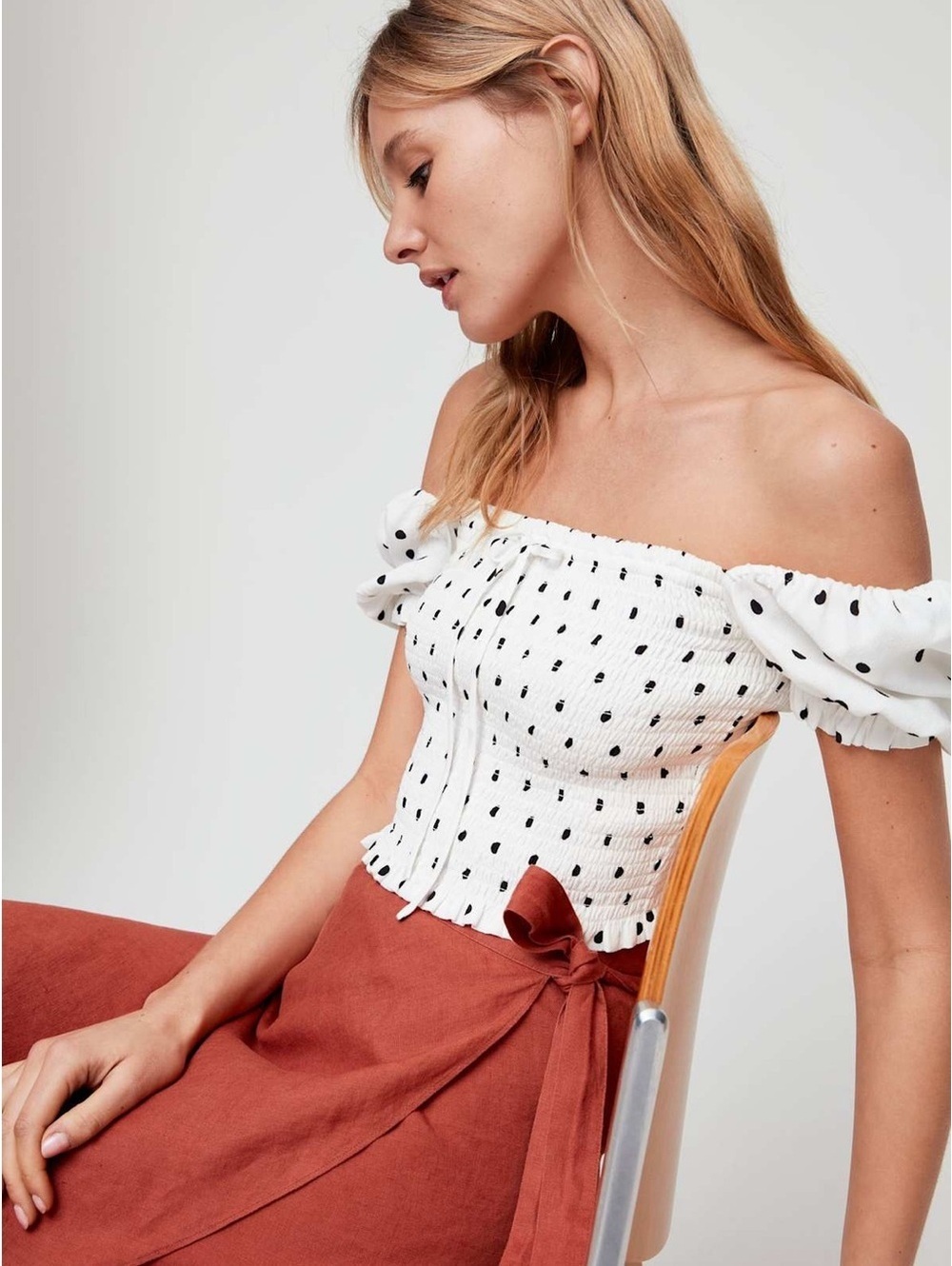 Aritzia Wilfred Smocked Polka Dot Blouse - XS